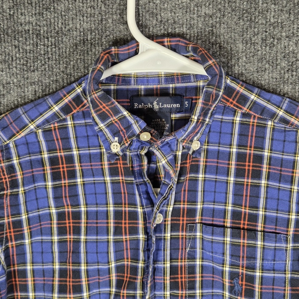 Ralph Lauren Boys Shirt Size 5 Blue Plaid Short Sleeve Button Down Pony Logo